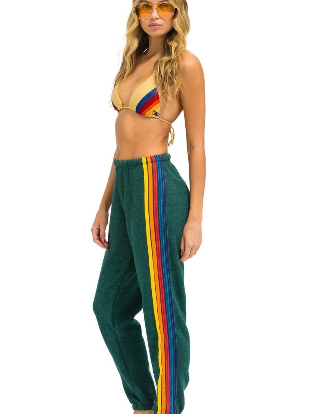Aviator Nation Forest Green Joggers with Rainbow Side Stripes